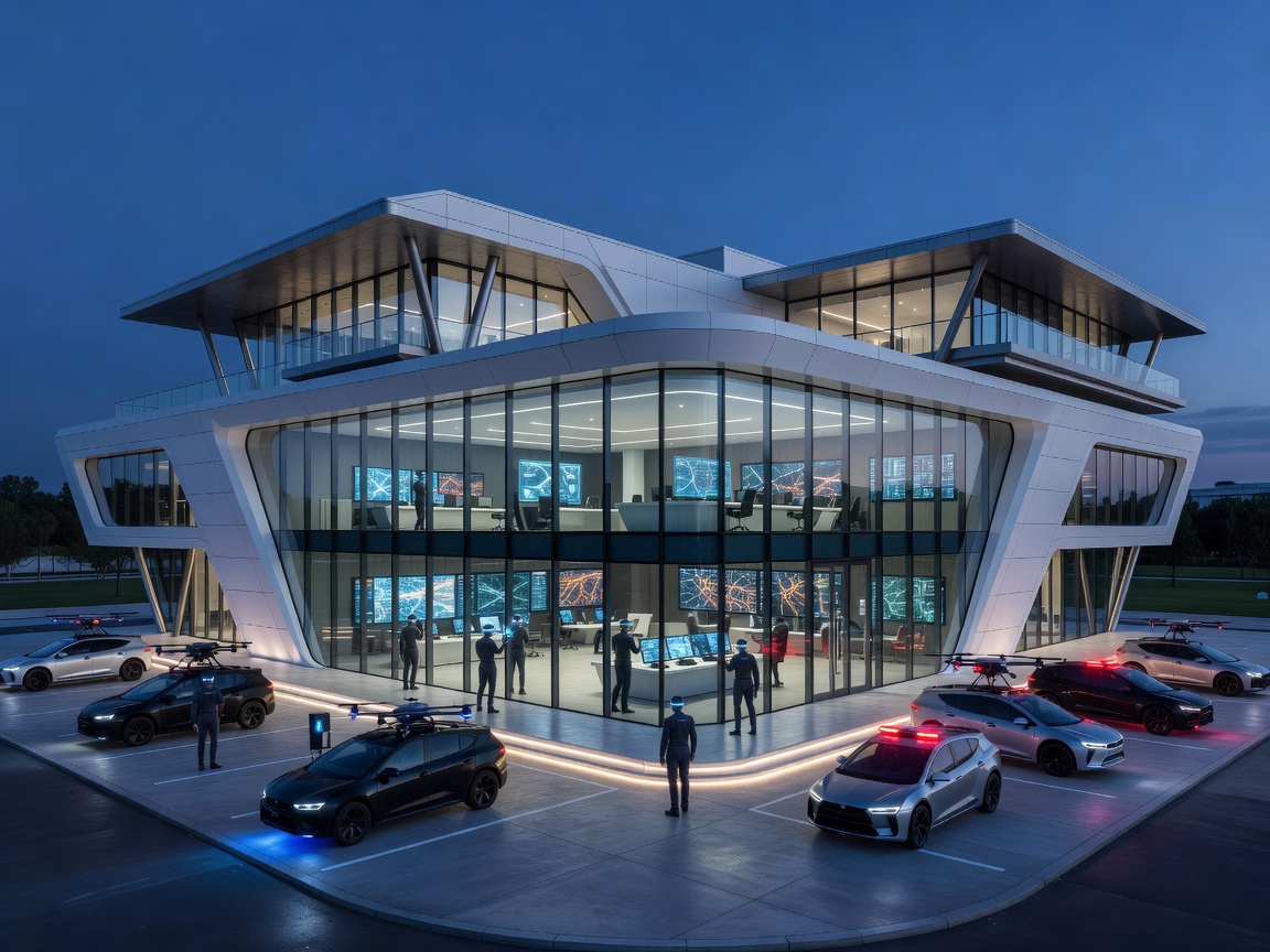 Futuristic fire command headquarters with panoramic glass walls, emergency response vehicles, and modern architecture