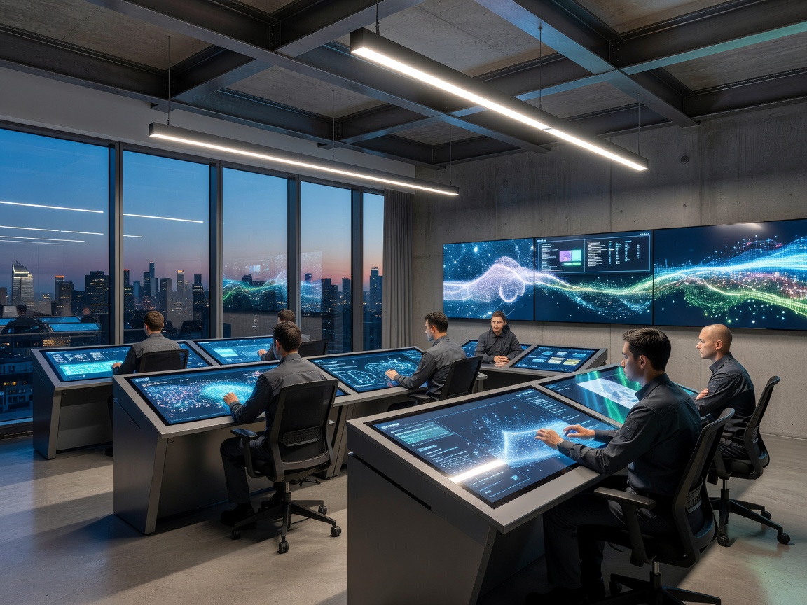 Modern urban emergency coordination center with interactive command displays and elegant contemporary industrial design