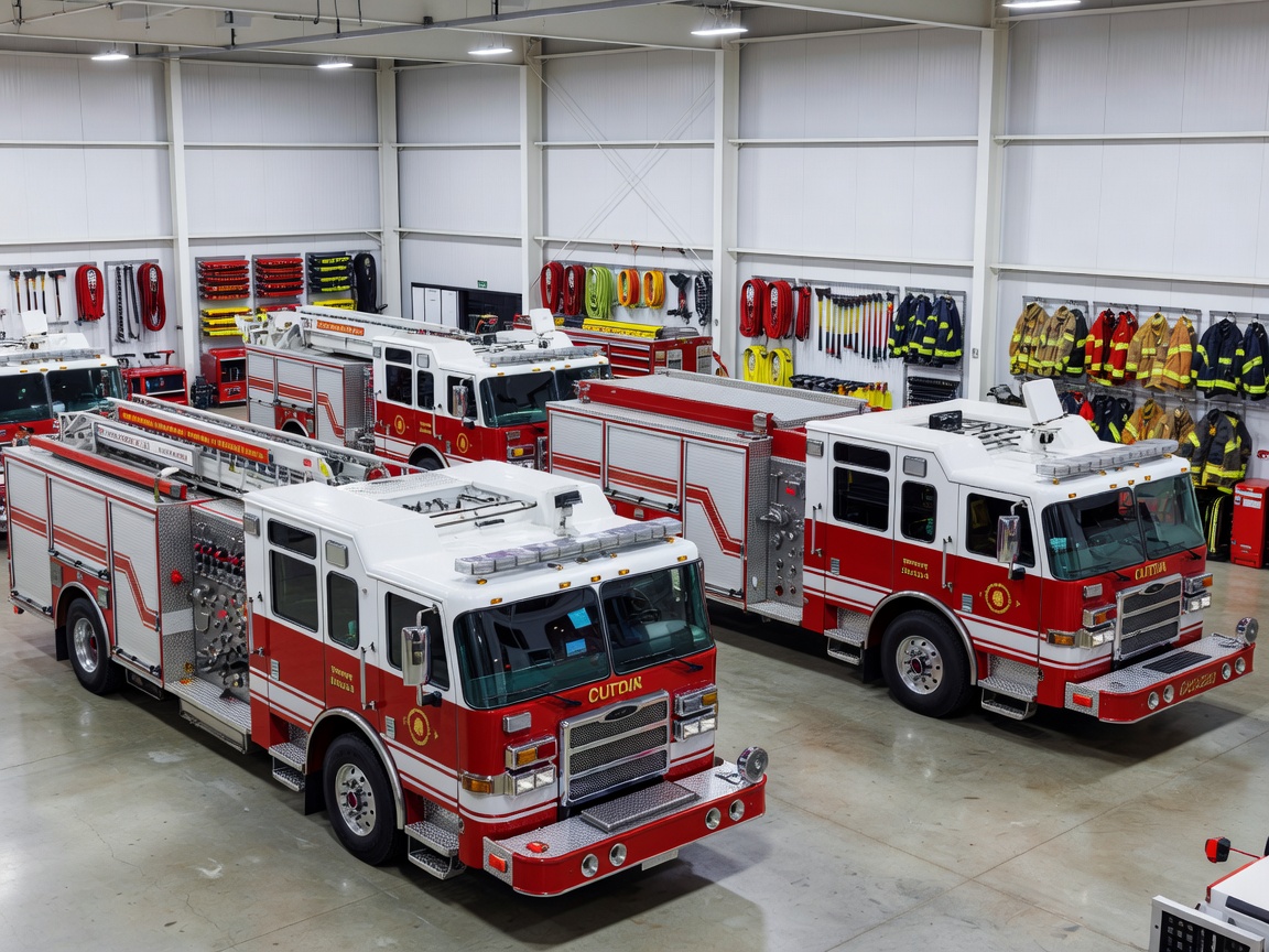 State-of-the-art rescue operations garage featuring advanced fire engines and command vehicles